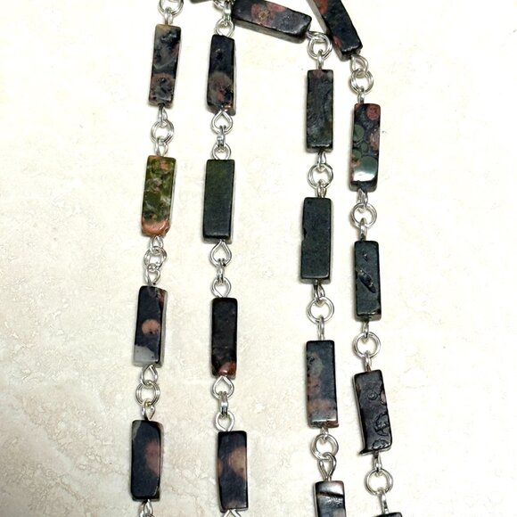 Genuine Dark Green Ocean Jasper Short Necklace, Gemstone & Cat on the Moon Charm - Picture 8 of 13